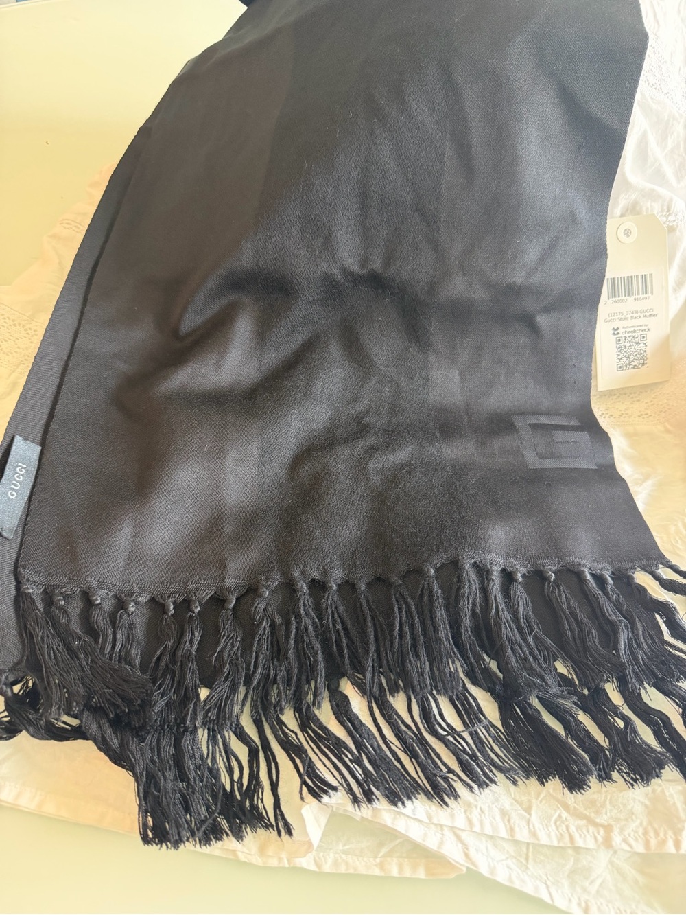 Gucci Black Woven Logo Fringe Scarf